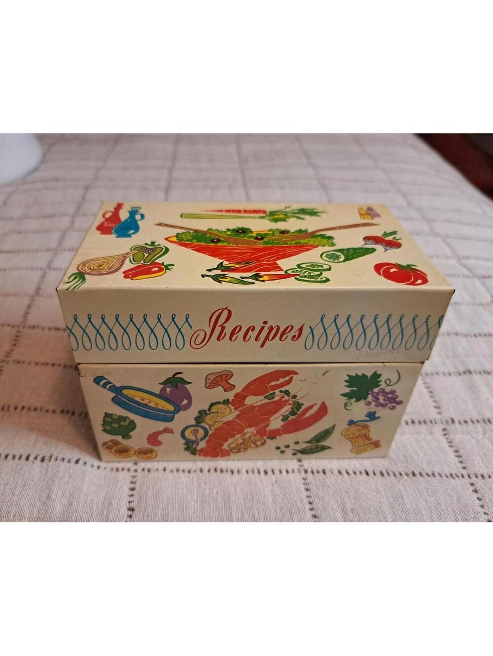 Vintage 1950's Ohio Art Metal Tin Litho Recipe Box Food Design 5.5"x 3.75"